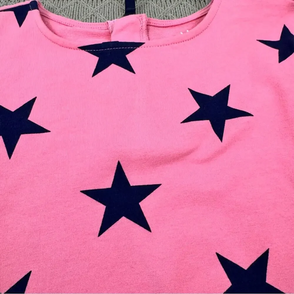Primary Girls Long Sleeved Pink Dress with Navy Star Accents & Pockets 8/9